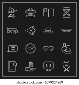 Modern, simple vector icon set on dark background with technology, sale, delivery, seat, glasses, store, barbecue, bbq, cigarette, cargo, checklist, addiction, computer, growth, laboratory, pc icons