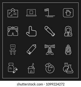 Modern, simple vector icon set on dark background with interior, lantern, business, home, radio, comfortable, equipment, lamp, profile, id, vintage, temperature, communication, mexico, vitamin icons