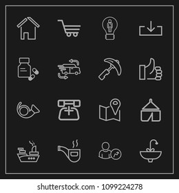 Modern, simple vector icon set on dark background with pipe, home, map, retro, communication, web, location, bugle, tent, travel, water, architecture, ship, idea, trumpet, vintage, faucet, jazz icons