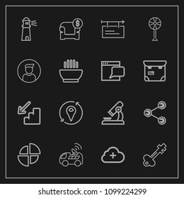 Modern, simple vector icon set on dark background with biology, door, microscope, location, interior, satellite, lock, blank, old, research, science, billboard, social, sea, light, ocean, add icons