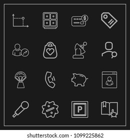 Modern, simple vector icon set on dark background with open, vehicle, web, internet, geometry, credit, profile, mic, coin, sale, balance, bank, card, street, money, investment, account, mobile icons