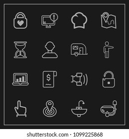 Modern, simple vector icon set on dark background with click, desktop, chef, internet, protection, bag, water, snorkel, touch, button, technology, tap, mask, security, sink, finger, object, sale icons