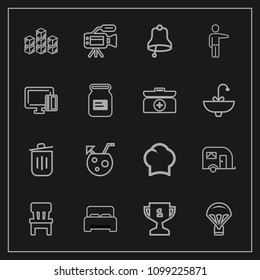 Modern, simple vector icon set on dark background with bedroom, cook, furniture, chef, recycling, distribution, tripod, transportation, juice, transport, bed, storage, double, summer, microphone icons