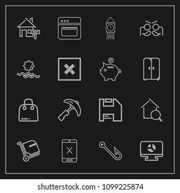 Modern, simple vector icon set on dark background with property, business, coaxial, crane, online, cord, equipment, kitchen, house, baggage, home, chart, connection, food, buy, paper, clock, big icons