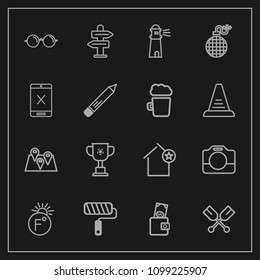 Modern, simple vector icon set on dark background with business, eyesight, map, camera, apartment, championship, location, money, way, film, roll, victory, video, canoe, competition, roller, eye icons