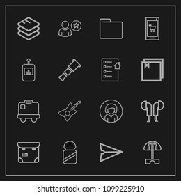 Modern, simple vector icon set on dark background with data, person, file, lady, internet, luggage, ingredient, young, musical, parasol, face, travel, blank, airport, online, sun, phone, mobile icons
