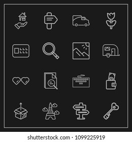 Modern, simple vector icon set on dark background with landmark, laptop, sun, work, property, estate, arrow, direction, zoom, hanger, glasses, technology, room, van, way, transport, keyboard icons