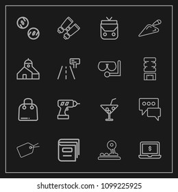 Modern, simple vector icon set on dark background with watch, tag, money, fashion, leather, shovel, spy, book, drill, computer, glasses, sign, hand, cash, buy, retail, object, finance, bag, web icons