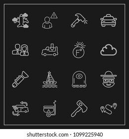 Modern, simple vector icon set on dark background with sea, water, travel, screwdriver, taxi, plane, summer, staff, airplane, musical, position, equipment, delivery, destination, hammer, online icons