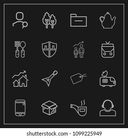 Modern, simple vector icon set on dark background with support, retro, team, center, house, landscape, sign, nature, internet, tv, unpacking, computer, technology, cell, television, home, guitar icons