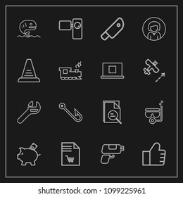 Modern, simple vector icon set on dark background with fishing, zoom, concept, web, rod, tool, fish, money, snorkel, list, camera, supermarket, repair, finance, lady, wrench, hook, internet, cut icons