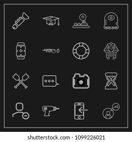 Modern, simple vector icon set on dark background with machine, photography, business, water, delete, oar, canoe, technology, photographer, phone, arrow, paddle, message, sand, freelance, hour icons