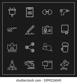 Modern, simple vector icon set on dark background with technology, account, table, message, box, science, electricity, lamp, crown, bar, bubble, delivery, alcohol, share, air, royal, chat, space icons