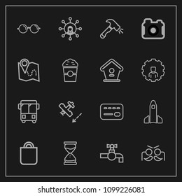 Modern, simple vector icon set on dark background with bus, money, party, people, eyesight, technology, present, aircraft, flight, carnival, eyeglasses, festival, transportation, eye, water, bag icons