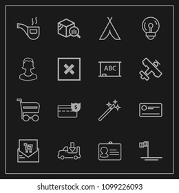 Modern, simple vector icon set on dark background with tobacco, shipping, supermarket, magic, vintage, receipt, adventure, camp, transport, trolley, shop, magician, money, transportation, bill icons