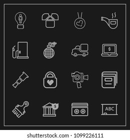 Modern, simple vector icon set on dark background with necklace, board, tape, library, bank, , music, shirt, business, audio, astronomy, pipe, camera, night, love, classic, tshirt, style, sound icons