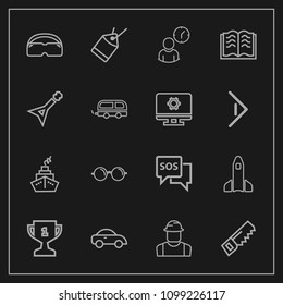 Modern, simple vector icon set on dark background with award, winner, time, rocket, glasses, eyesight, clock, hammer, tag, builder, transport, vehicle, person, help, page, optical, safety, work icons