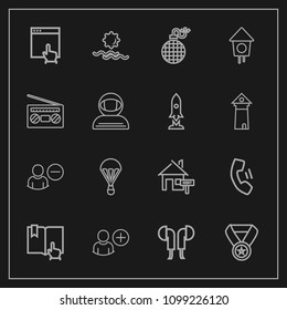 Modern, simple vector icon set on dark background with rent, estate, house, landscape, sound, extreme, add, fire, prize, click, website, win, sun, parachuting, nature, audio, account, headset icons
