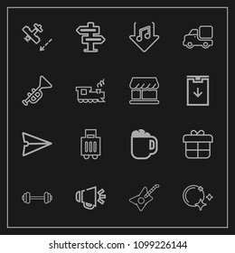 Modern, Simple Vector Icon Set On Dark Background With Hanger, Music, Airplane, Decoration, Plane, Musical, Web, Doorknob, Exercise, Luggage, Loudspeaker, Internet, Room, Box, Sky, Drink, Cafe Icons