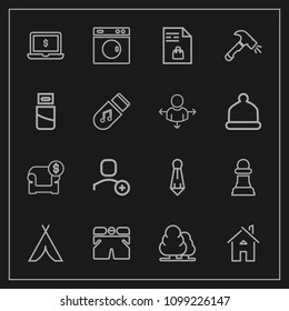 Modern, simple vector icon set on dark background with wear, building, interior, horse, suit, environment, delete, home, clean, tie, modern, template, laptop, machine, chess, user, tent, estate icons