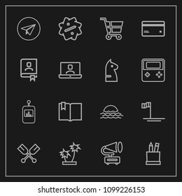 Modern, simple vector icon set on dark background with equipment, control, blue, open, boat, cart, sunrise, box, canoe, nature, sun, palm, remote, pencil, morning, tv, discount, book, ocean, web icons