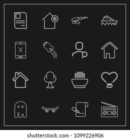 Modern, simple vector icon set on dark background with halloween, paper, hot, ghost, extreme, apartment, favorite, board, tree, soup, sign, home, record, landscape, sound, skateboard, fear, gun icons