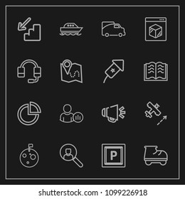 Modern, simple vector icon set on dark background with up, business, white, graph, roller, upstairs, online, road, transport, presentation, social, moon, voice, traffic, vehicle, computer, fun icons