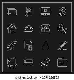 Modern, simple vector icon set on dark background with luggage, money, instrument, shuttle, bag, string, music, card, mobile, travel, debit, paper, science, education, folk, furniture, launch icons