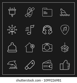 Modern, simple vector icon set on dark background with boat, cash, search, head, animal, fashion, paddle, power, food, film, internet, handle, oar, camera, wallet, nature, canoe, purse, water icons