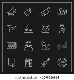 Modern, simple vector icon set on dark background with study, progress, education, label, personal, sport, retro, music, support, house, success, calculator, young, vintage, guitar, girl, sound icons