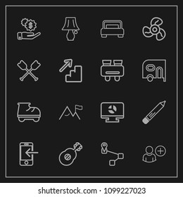 Modern, simple vector icon set on dark background with mobile, location, lamp, switch, beautiful, chart, user, guitar, business, pen, office, add, transfer, investment, bed, point, bedroom, bulb icons
