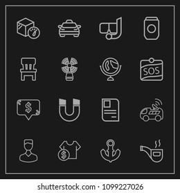 Modern, simple vector icon set on dark background with avatar, package, taxi, can, box, pipe, identity, price, profile, science, summer, personal, cost, weight, pole, retro, navigation, snorkel icons