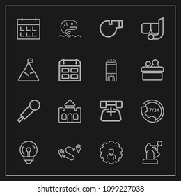 Modern, simple vector icon set on dark background with point, operator, satellite, telephone, schedule, mobile, white, communication, sea, map, building, travel, tower, seafood, mic, electric icons