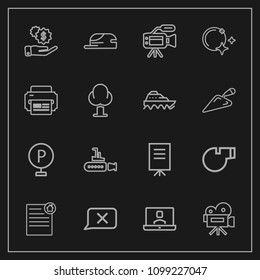 Modern, simple vector icon set on dark background with cap, call, ocean, chat, technology, referee, vehicle, lot, movie, presentation, closed, moon, estate, communication, investment, house, sea icons