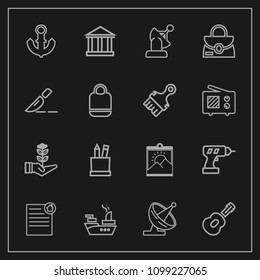 Modern, simple vector icon set on dark background with marine, growth, work, machine, communication, musical, dish, photo, space, leather, frame, stationery, real, equipment, guitar, house, tree icons