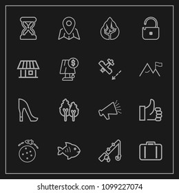 Modern, simple vector icon set on dark background with speaker, reel, hand, food, bag, hour, baggage, sound, fashion, sand, up, landscape, sea, style, airport, forest, security, voice, luggage icons