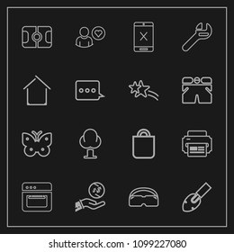 Modern, simple vector icon set on dark background with soccer, cooking, oven, equipment, football, tree, house, insect, online, shovel, glasses, food, investment, sport, landscape, money, cord icons