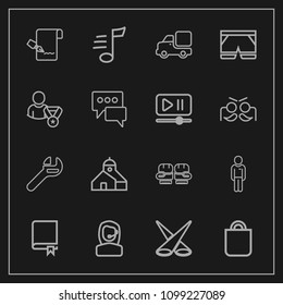 Modern, simple vector icon set on dark background with paper, man, boxing, scene, building, fight, center, call, construction, people, library, encyclopedia, tune, sound, musical, music, present icons