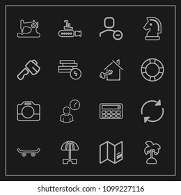 Modern, simple vector icon set on dark background with equipment, time, camera, reload, skateboard, marine, summer, skater, delete, ocean, map, nature, calculator, chess, boat, hour, arrow, sun icons