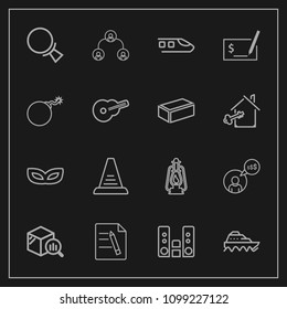 Modern, simple vector icon set on dark background with search, hierarchy, party, travel, sea, business, lantern, play, audio, ladder, computer, people, transport, freelance, trend, lamp, find icons