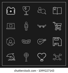 Modern, simple vector icon set on dark background with nature, boy, crash, web, love, man, air, fan, account, ocean, music, photographer, party, online, internet, animal, diskette, refresh, male icons