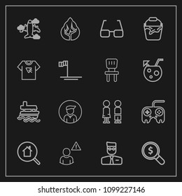 Modern, simple vector icon set on dark background with real, online, people, alarm, profile, arrow, airplane, eyeglasses, man, forest, happy, button, search, home, container, ship, landscape icons
