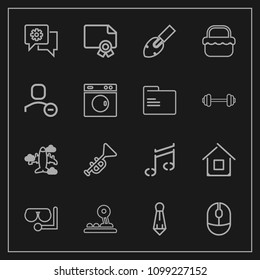 Modern, simple vector icon set on dark background with click, mouse, estate, achievement, sound, trumpet, computer, equipment, house, music, award, tie, frame, shovel, arrow, mobile, glass, jazz icons