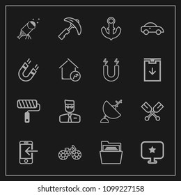 Modern, simple vector icon set on dark background with picking, phone, mobile, canoe, oar, transportation, star, file, equipment, sign, user, paint, cycle, satellite, crane, sea, paddle, boat icons