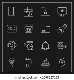 Modern, simple vector icon set on dark background with bell, alert, air, aircraft, file, business, headset, idea, bread, computer, extreme, transport, parachute, lock, book, notebook, sky, way icons
