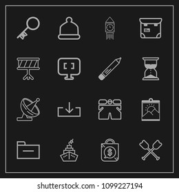 Modern, simple vector icon set on dark background with london, shorts, fashion, , sign, cap, canoe, web, price, oar, photo, water, door, key, technology, big, file, frame, tag, house, white, ben icons