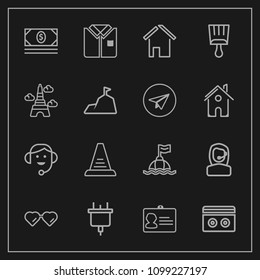 Modern, simple vector icon set on dark background with name, business, office, tape, paint, fashion, glasses, coin, bank, home, estate, id, power, water, money, sun, cash, headset, center, call icons