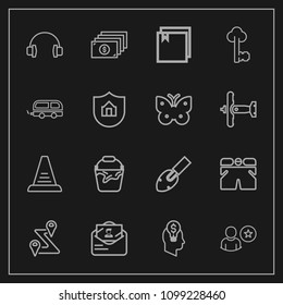 Modern, simple vector icon set on dark background with construction, step, music, business, currency, metal, container, location, clean, web, vintage, wear, key, ladder, mail, template, bus, map icons