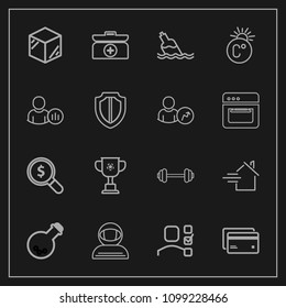Modern, simple vector icon set on dark background with cup, template, business, plan, workout, house, task, kit, gym, competition, package, water, space, estate, medicine, rent, tool, laboratory icons