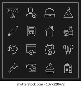Modern, simple vector icon set on dark background with page, business, sky, music, user, mountain, lunch, sign, headset, office, account, wild, cap, astronomy, hat, estate, house, animal, nature icons